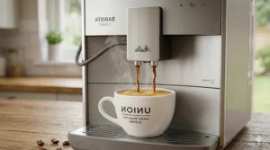 A photorealistic close-up of a rich, caramel-coloured espresso pouring with thick crema into a ceramic cup from the dual spouts of a silver bean to cup machine.