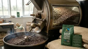 A professional coffee roaster in a UK facility processing ethically sourced Fairtrade beans to perfection.