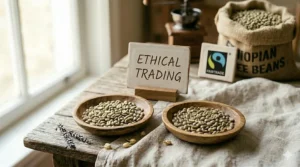 Photorealistic scene featuring the Fairtrade logo and ethical trading signage alongside sustainably sourced Ethiopian coffee beans.