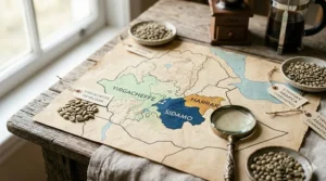 A detailed map on parchment highlighting the key coffee-growing regions of Yirgacheffe, Sidamo, and Harrar with raw beans and a magnifying glass.