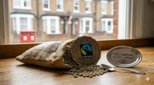 Colombian coffee beans displayed with a Fairtrade certification symbol to show ethical sourcing.