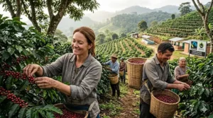 Coffee farmers harvesting ripe red cherries on a Fairtrade certified cooperative farm with a focus on ethical labour.