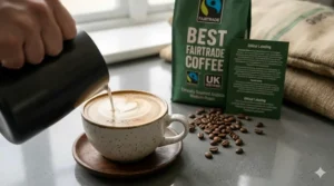 Professional latte art in a ceramic cup made with Fairtrade espresso, featuring a clean and modern aesthetic.