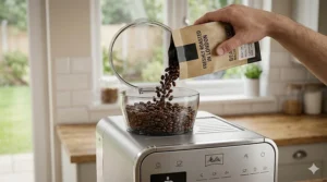 A photorealistic close-up of a person pouring a fresh bag of roasted coffee beans into the open hopper of a silver bean to cup coffee machine, showing the beans cascading.