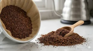 A detailed close-up of medium-grind filter ground coffee showing a sand-like consistency, with a wooden measuring scoop on a marble kitchen worktop.