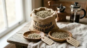 Close-up of green unroasted Ethiopian heirloom coffee beans in a burlap sack and wooden bowls, showing the raw speciality beans before roasting.