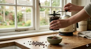 A stylish illustration of a manual burr grinder being used to prepare fresh medium roast beans for a morning brew.
