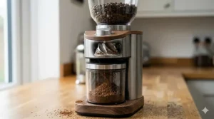 An electric burr grinder being used to transform whole bean coffee into a medium-coarse grind for a cafetière.