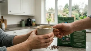 Close-up of two people sharing a warm mug of Fairtrade coffee, symbolising ethical consumer choices and community.