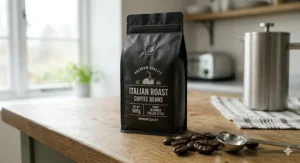 Coarsely ground Italian roast coffee beans being brewed in a stainless steel cafetière on a modern British kitchen worktop.