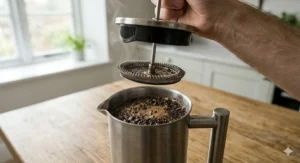 Traditional Italian roast coffee beans being prepared for a stovetop moka pot on a clean, modern kitchen worktop.