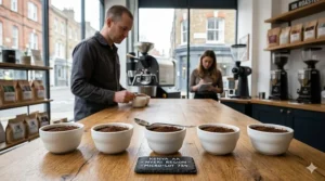 A coffee specialist in a UK roastery performing a cupping session to test the flavour profile of freshly roasted Kenyan coffee beans.