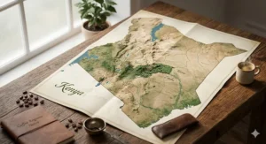 Infographic map of Kenya showing the central highlands where high-quality Kenyan coffee beans are cultivated.