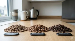 A visual comparison of three piles of coffee beans on a wooden surface, showing the transition from pale matte light roast to a dark, oily espresso roast.