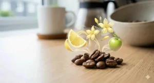 A macro shot of light roast coffee beans featuring translucent icons of a lemon slice, jasmine flowers, and a green apple to illustrate the bright flavour profile.
