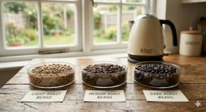 A side-by-side comparison of light, medium, and dark roast coffee beans showing the difference in oiliness and colour.
