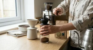 A person using a manual burr grinder to prepare organic coffee beans for a fresh morning brew in a British kitchen.