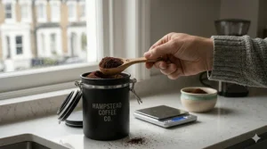 A close-up of a hand using a wooden scoop to measure filter ground coffee from an airtight container, with digital scales in the background.