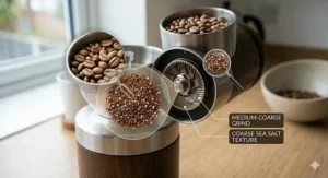 An open manual coffee grinder showing light roast beans being ground to a medium-coarse texture, specifically compared to the consistency of coarse sea salt.
