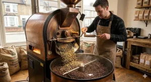 An illustration showing the transition of coffee beans to a balanced medium brown shade during the roasting process.