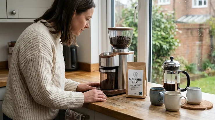 A candid, professional photograph taken in a modern British kitchen, showing a woman watching a grinder process whole bean coffee next to a cafetière and a subtle Union Jack tea towel. whole bean coffee