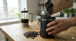 A milky latte in a glass cup made from a double shot of Italian roast coffee, served with a biscuit on a wooden tray.