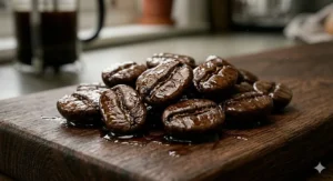 An ultra-detailed close-up illustration of dark roast coffee beans on a wooden surface, highlighting the glistening oily sheen and rich texture characteristic of intense roasts.