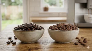 A photorealistic close-up of oily dark roast and dry medium roast coffee beans in separate rustic bowls on a wooden surface, showing the textures ideal for a bean to cup machine.