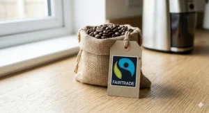 An illustration of the Fairtrade mark next to organic coffee beans, representing ethical sourcing standards in the UK.