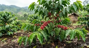 A detailed illustration of a coffee plant showing organic coffee beans growing without synthetic pesticides or fertilisers.