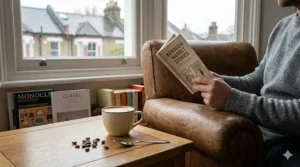 Alt text for image 2: A person in a grey jumper reading a book titled 'Borough Market Stories' next to a cup of coffee and fresh espresso beans, representing ethical coffee culture in London.