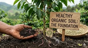 An educational graphic showing how growing organic coffee beans in healthy soil promotes biodiversity.