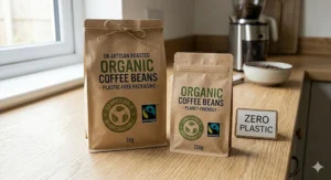 Biodegradable and compostable packaging filled with fresh organic coffee beans, ideal for eco-conscious UK shoppers.