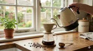 An illustration of a gooseneck kettle pouring hot water over medium roast grounds in a V60 dripper.