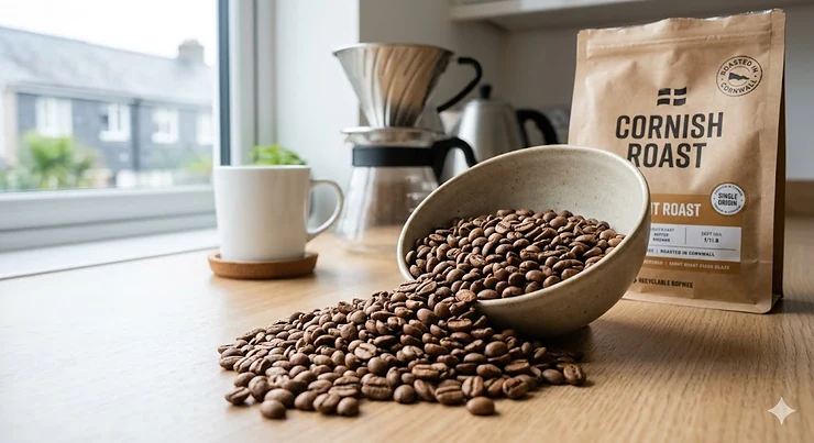 A close-up of high-quality light roast coffee beans spilling from a ceramic bowl onto a light oak kitchen worktop in a bright, modern British home. light roast coffee beans