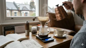 Alt text for image 3: A home barista using a copper kettle to pour hot water over freshly ground espresso beans in a glass dripper, set against a classic British terraced house window view.