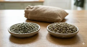 High-quality green, unroasted single origin coffee beans from Ethiopia and Colombia displayed in ceramic bowls on a wooden worktop.