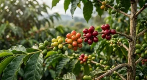 Bright red ripe coffee cherries growing on a branch in a Kenyan coffee plantation before being processed into beans.