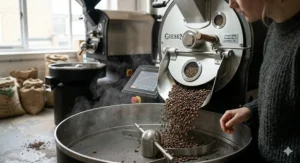 A professional Giesen roaster in a London roastery finishing a small batch of single origin coffee beans with visible steam.