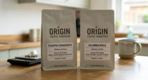 Two bags of speciality single origin beans, Ethiopia Yirgacheffe and Colombia Huila, showing origin details and ready for UK delivery.