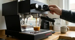 A rich double espresso shot extracting from a professional machine using premium single origin beans to create a thick golden crema.