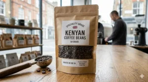 A bag of speciality Kenyan coffee beans with British English labelling, ready for retail in the UK market.