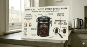 A technical diagram of an airtight matte-black coffee canister explaining how to preserve dark roast oils, including a Best Before timeline for the UK market.