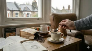 Alt text for image 8: Espresso beans being measured with a silver spoon from a 'Borough Market Roasters' bag, demonstrating how to maintain the freshness of coffee beans in a home kitchen.