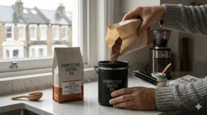 A person pouring filter ground coffee from a paper bag into a matte black airtight storage tin to keep the grounds fresh.