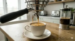 Pouring Italian roast coffee beans into a black airtight storage canister to preserve the bold flavour and aroma for home brewing.