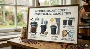 A diagram showing medium roast coffee beans stored in an airtight, opaque container to preserve freshness and aroma.