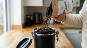 Whole bean coffee being poured into a black airtight storage canister to preserve the aroma and flavour profile.