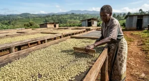 Kenyan coffee beans drying in the sun on raised wooden African beds to ensure even airflow and quality.