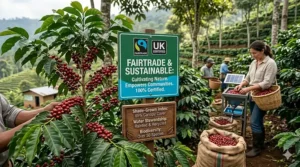 Information signage at a sustainable coffee farm detailing shade-grown practices and biodiversity in Fairtrade production.